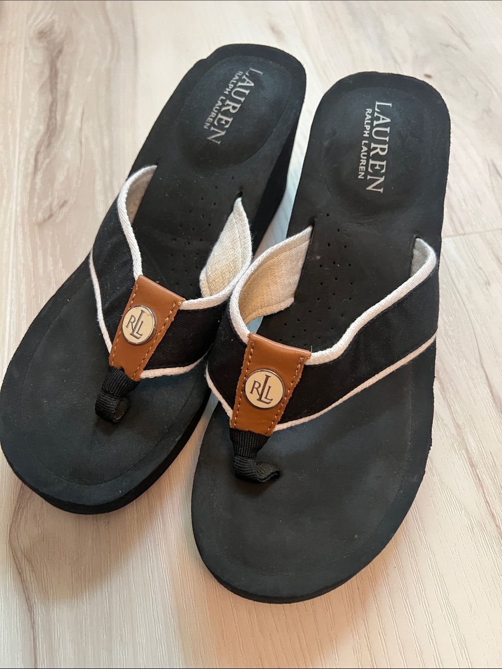 Lauren Ralph Lauren Black Flip-Flop Sandalsw with Tan Logo Accents